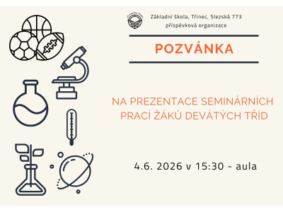 Pozvánka na veřejnou prezentaci závěrečných seminárních prací žáků 9. ročníku